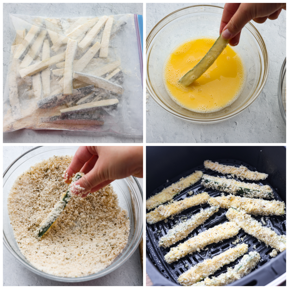 4-photo collage of zucchini pieces being battered.