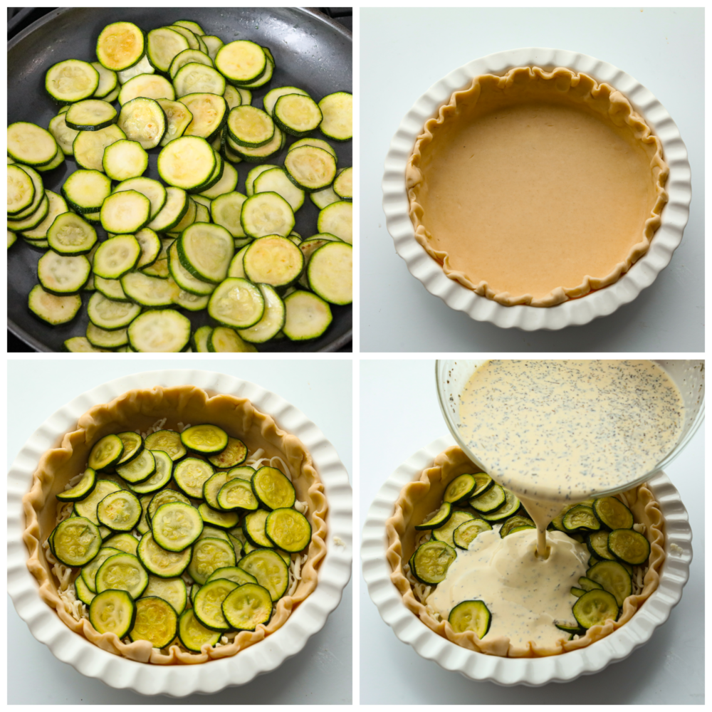 4 pictures showing how to cook zucchini, add it to a pie crust and then pour on the sauce. 