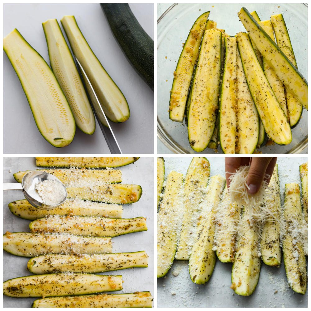 4-photo collage of zucchini being cut into pieces and seasoned with parmesan and garlic.