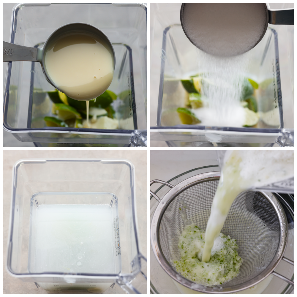 4-photo collage of Brazilian lemonade ingredients being blended and strained.