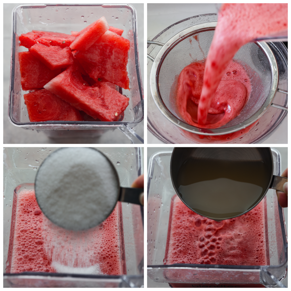 4-photo collage of drink ingredients being added to a blender.