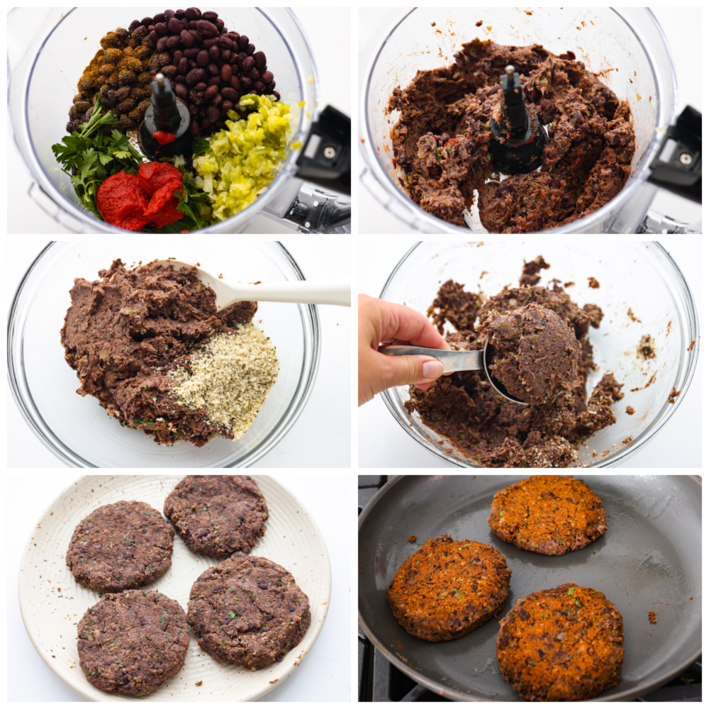 Six process photos of how to make a black bean burger.  The first photo is a top view of the black beans, cilantro, tomato sauce, spices, and sautéed vegetables added to a food processor.  The second photo is the blended ingredients.  The third photo is the panko breadcrumbs being stirred in.  The fourth photo is scooping the bean mixture out of the bowl to form a patty.  The fifth photo is formed patties on a white plate.  The sixth photo is the black bean burgers cooking in a large gray skillet.