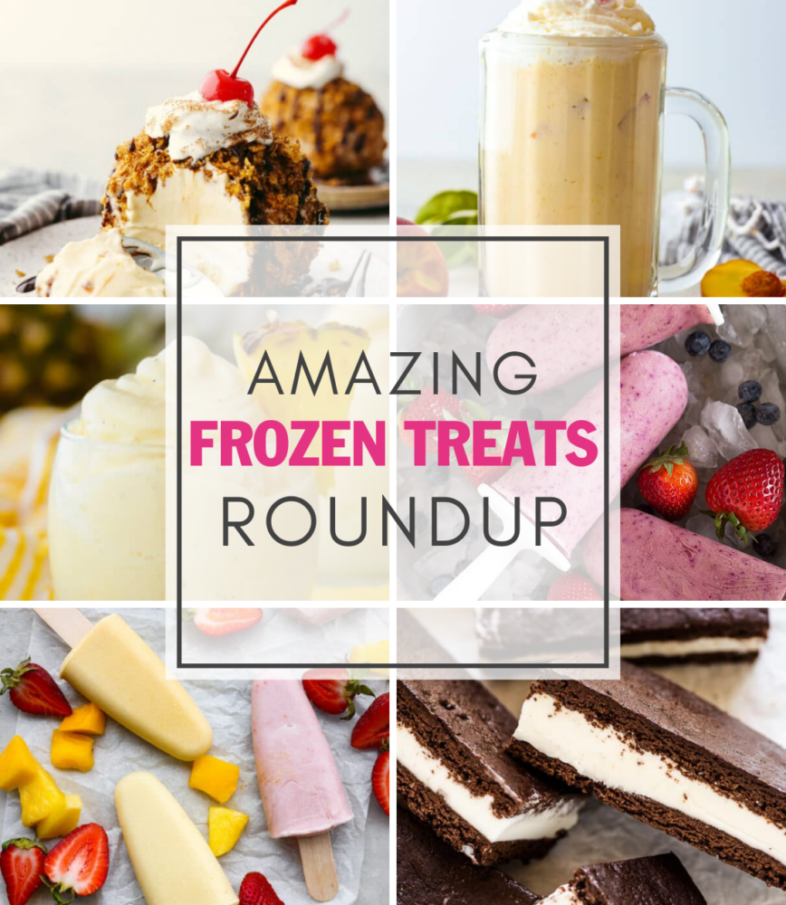 A collage of 6 different rfrozen treats with the words " Amazing Frozen Treats Roundup" in the middle. 