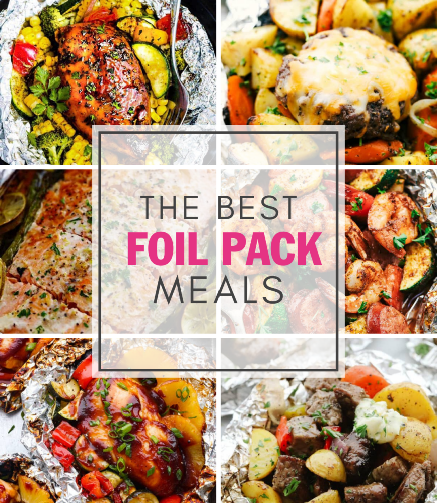A collage of 6 pictures of foil meals and the tet" The best foil pack meals" in the center of the collage. 