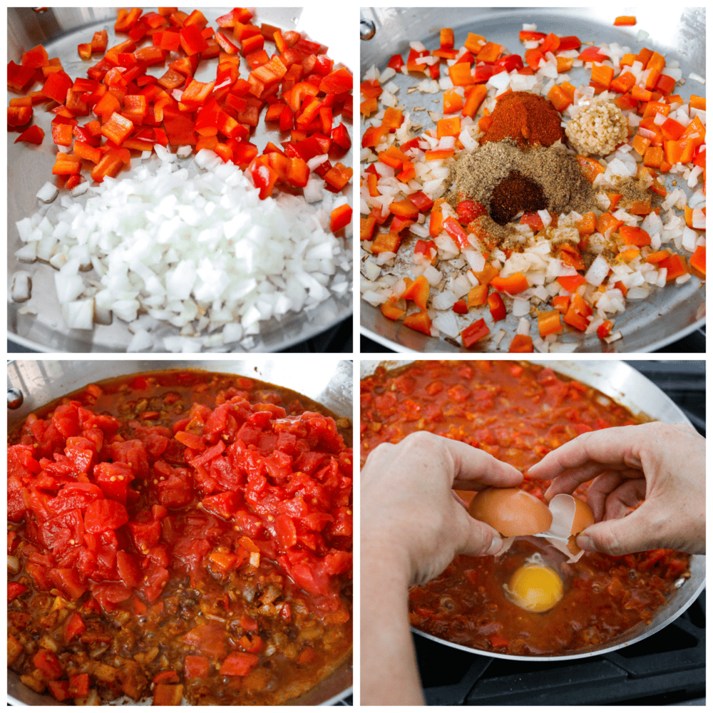 4-photo collage of shakshuka ingredients being added to a pan and simmered together.