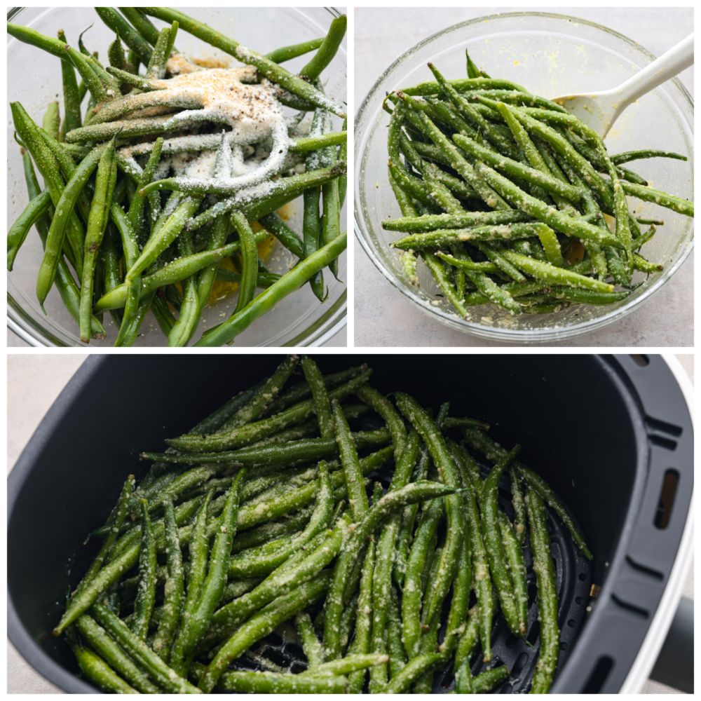 3 pictures showing how to toss the green beans with the rest of the ingredients and thenplace them in the air fryer basket. 