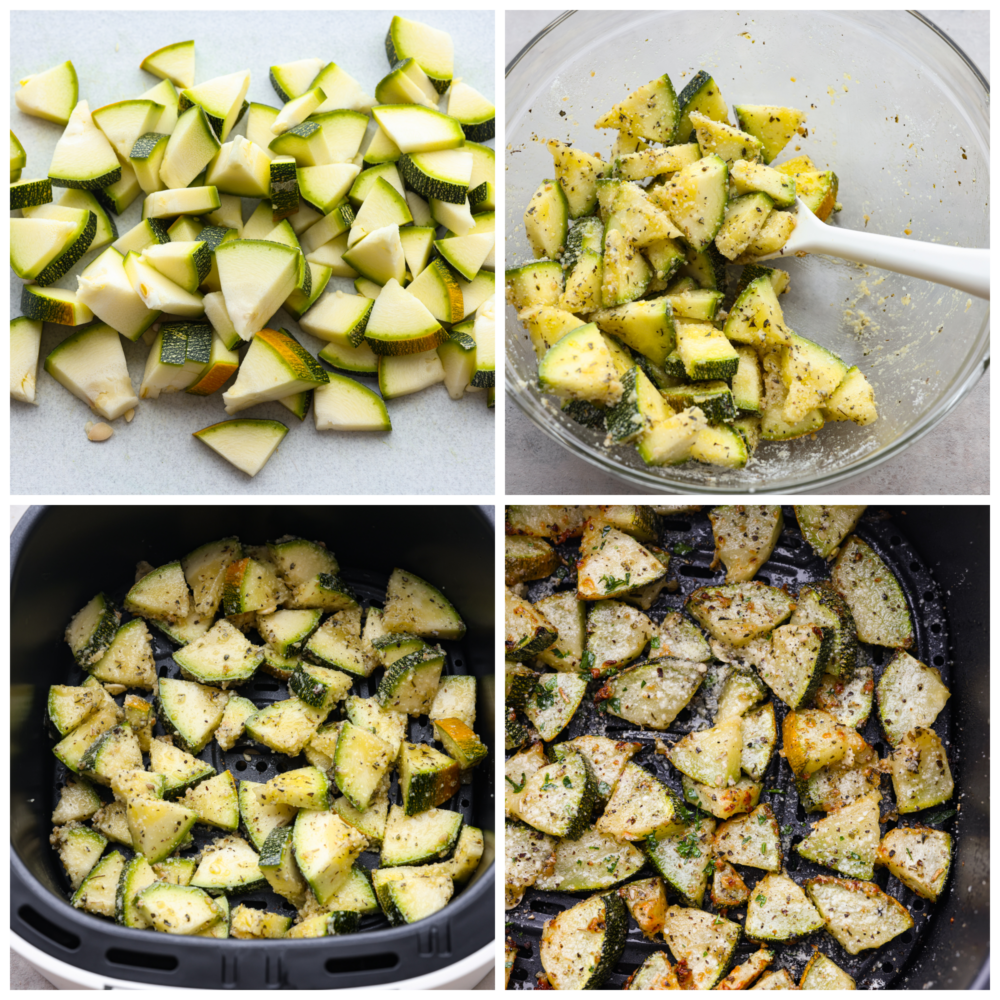 4 pictures showing how to season zucchini and add it to the basket of an air fryer and cook it. 