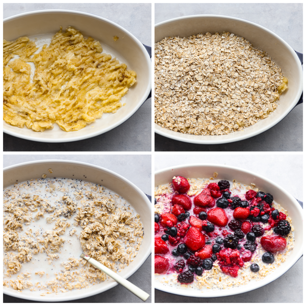 4-photo collage of the ingredients for baked oatmeal being added to a baking dish.