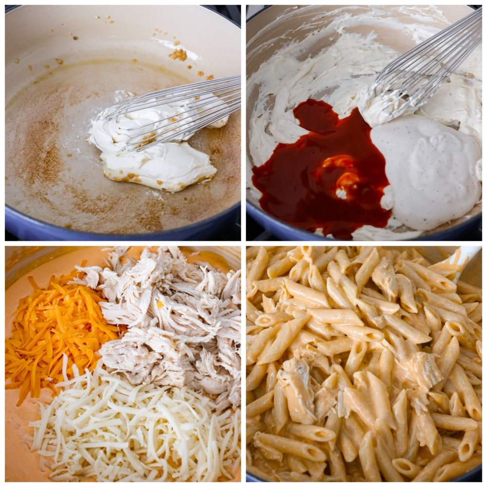 4 pictures showing how to make creamy buffalo sauce and add in the cheese, chicken and cooked pasta. 
