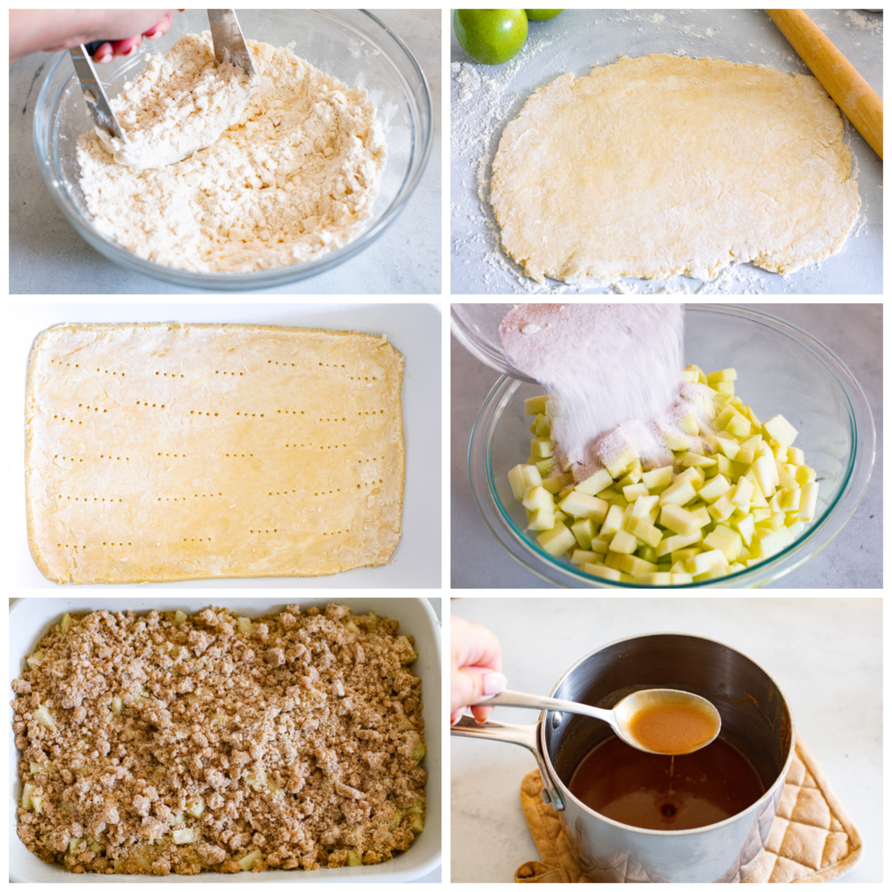 6 pictures showing how to make the crust, filling and crumb and caramel topping. 