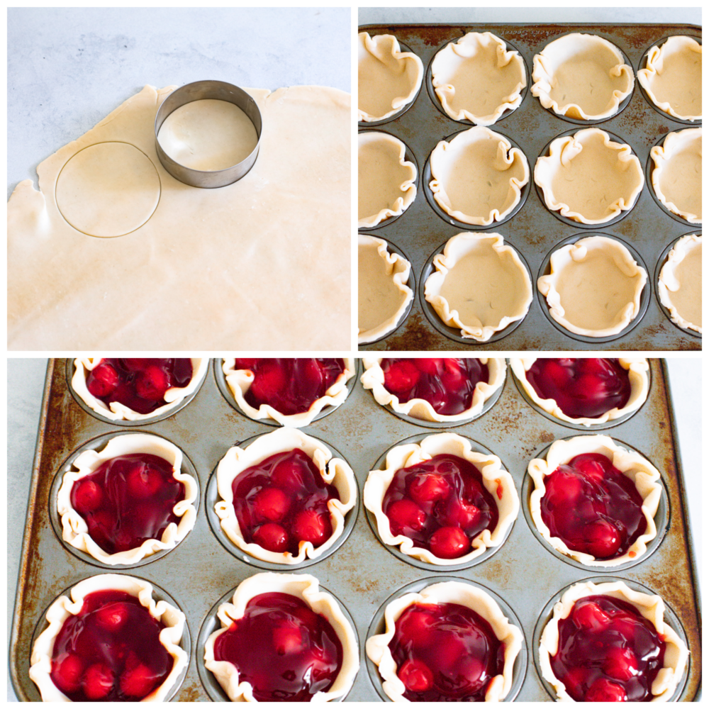 3 pictures showing how to cut the crust, put them into a muffin tin and add the cherry filling. 