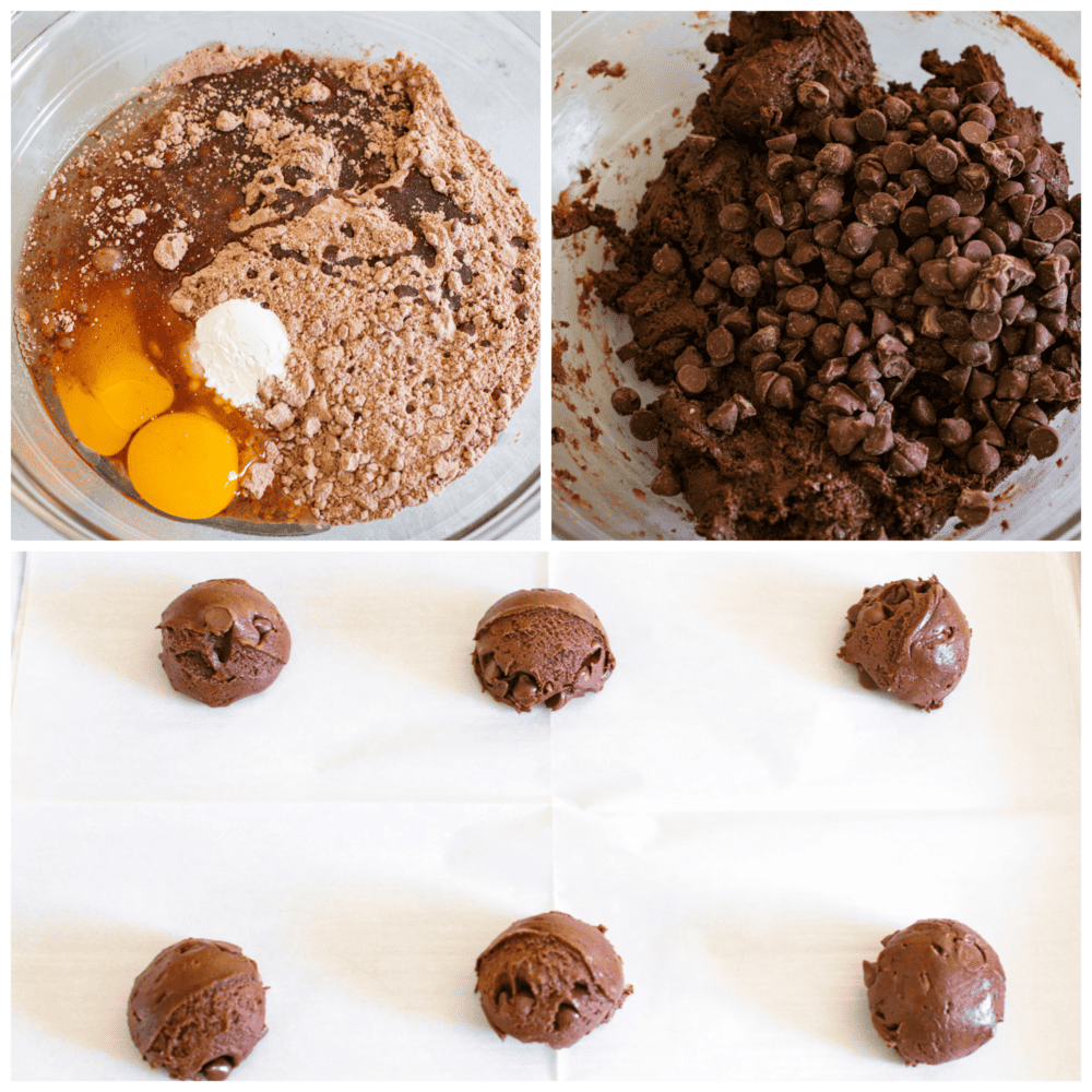 3 pictures showing how to make the cookie batter and scoop it out onto parchment paper. 