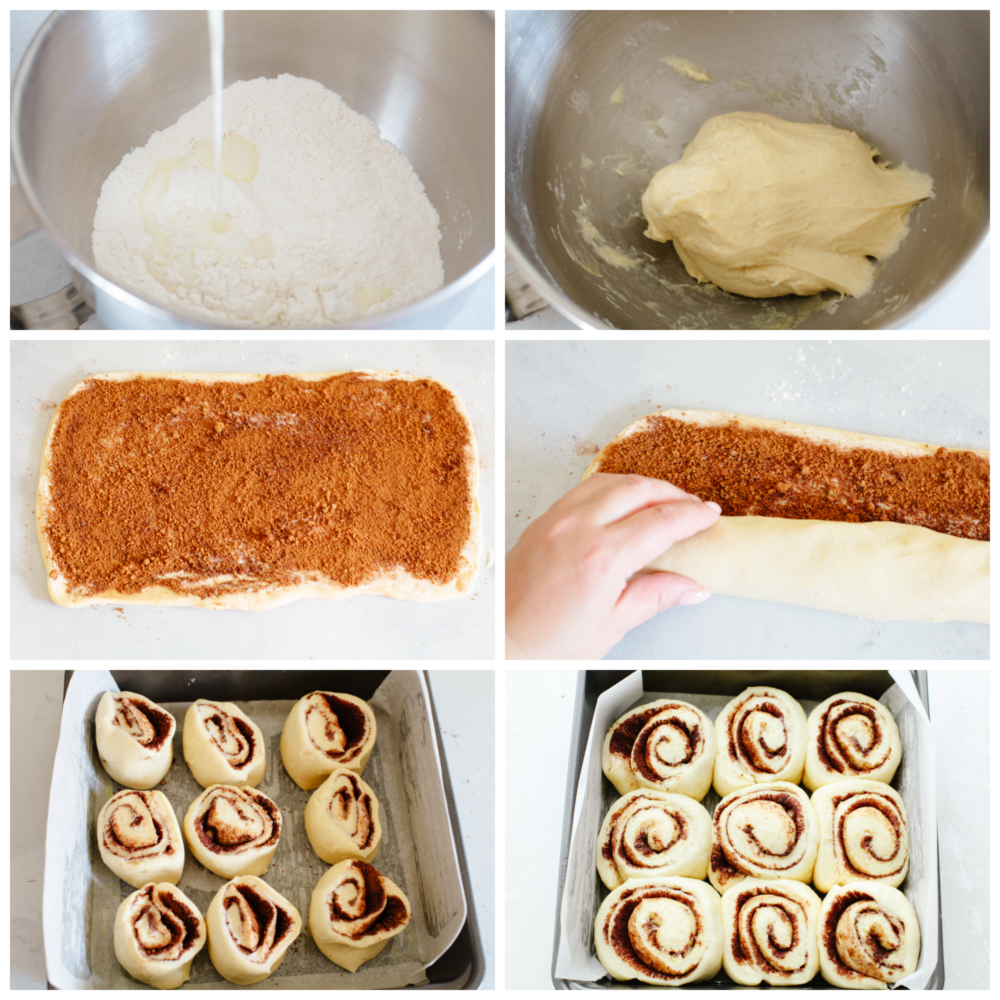 6 process pictures showing how to make 45-minute cinnamon rolls. They show how to make the dough, spread it out,, roll them up and place them in a pan with parchment paper. 