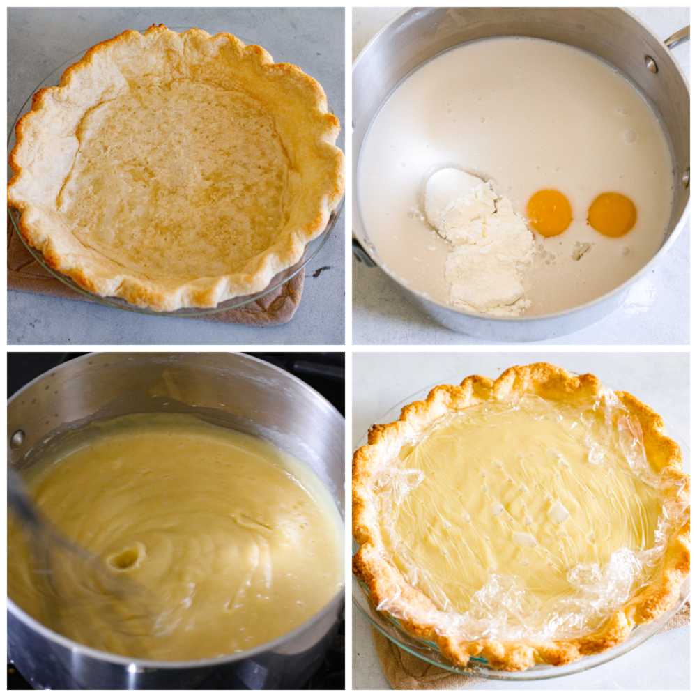 4 pictures showing how to assemble a coconut cream pie. 