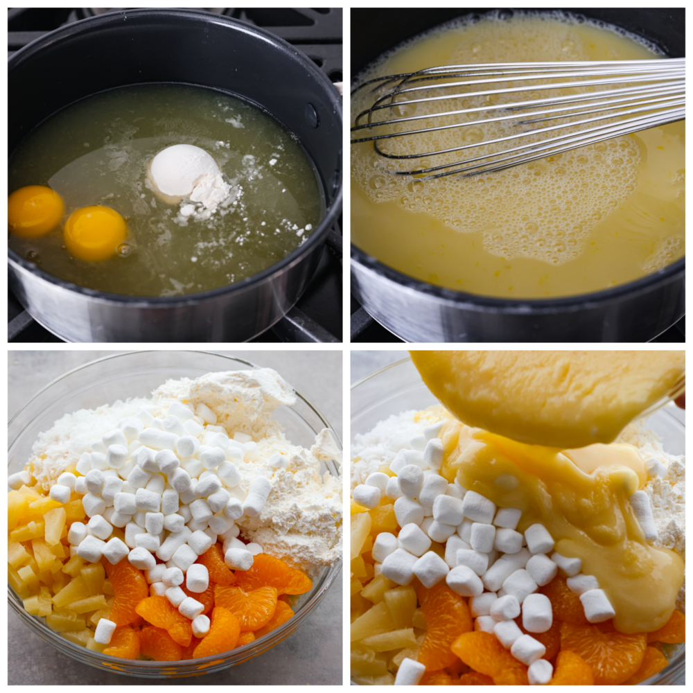 4 pictures showing how to make the base of the salad, add in the ingredients and mix it all together. 