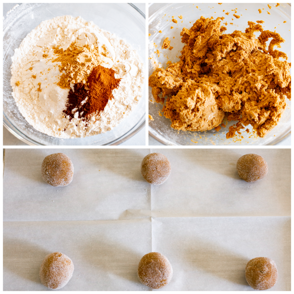Fotos del proceso que muestren los ingredientes secos agregados a un tazón, luego los ingredientes húmedos agregados, luego la masa enrollada en bolas y cubierta con azúcar.