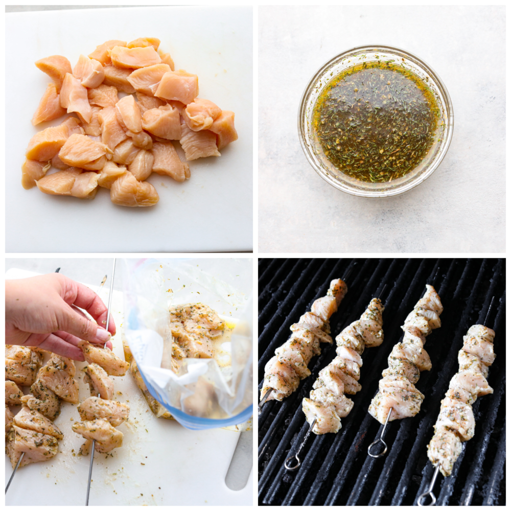 4-photo collage of chicken skewers being assembled and marinated.