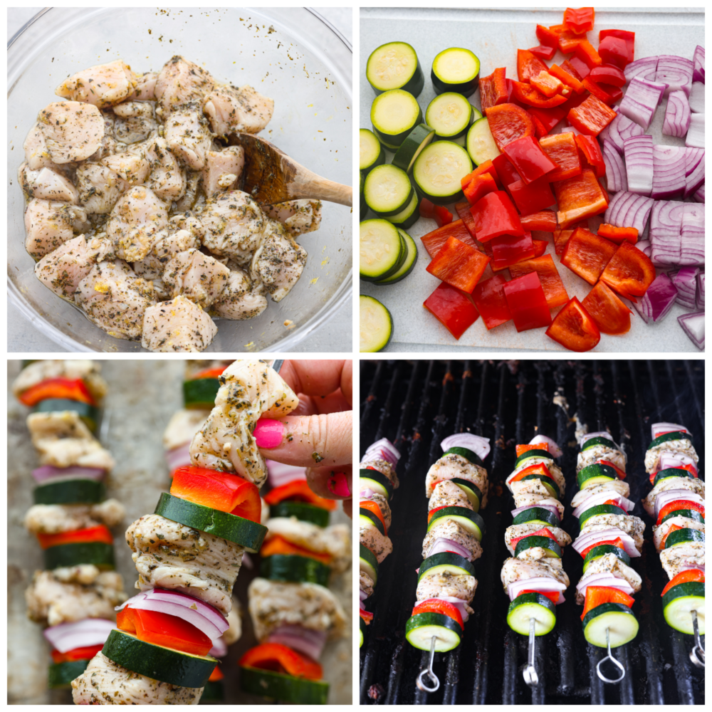 Four process photos of making Greek chicken kabobs.  The first photo is the bowl of chicken pieces marinating.  The second photo is the chopped vegetables.  The third photo is threading the chicken and vegetables onto the skewers.  The fourth photo is of the kabobs cooking on the grill.