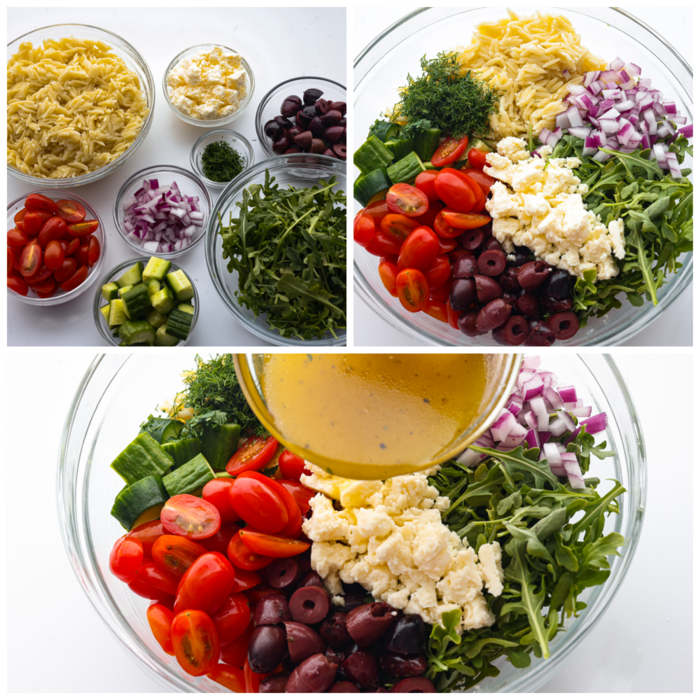 3 pictures showing the salad ingredients and then combining them into a bowl and pouring on the dressing. 