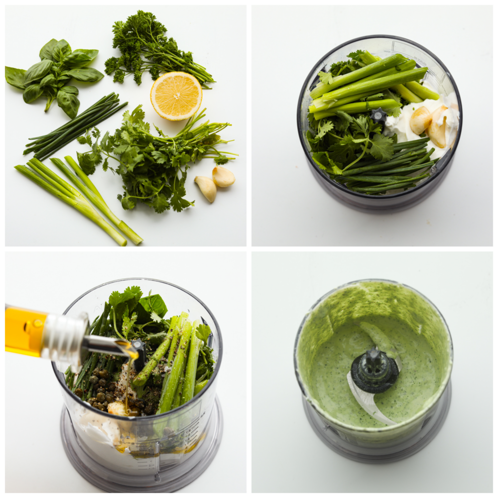 Four process photos of how to make green goddess dressing. The first photo is of herbs, garlic, and lemon. The second photo is all of the ingredients added into a food processor. The third photo is olive oil being poured into the food processor. The fourth photo is a top view of the blended green goddess dressing in the food processor.