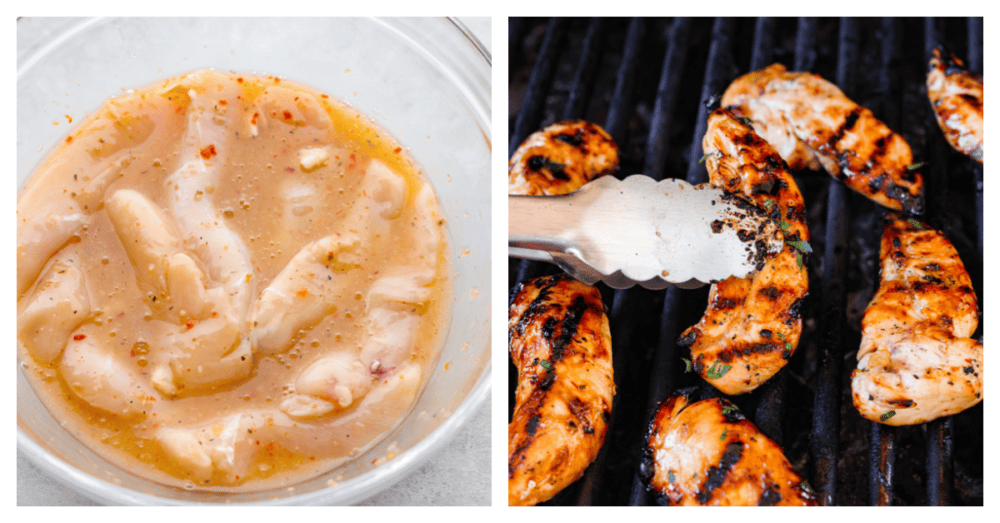 2-photo collage of chicken being marinated and then added to the grill. 