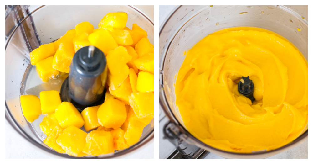 2 pictures of frozen mangos being pulsed in a blender. 