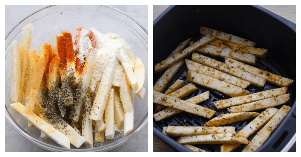 First photo is sliced jicama sticks in a large clear bowl.  The seasonings and spices are sprinkled on top of the jicama.  The second photo is the seasoned jicama scattered in the air fryer ready to be air fried.