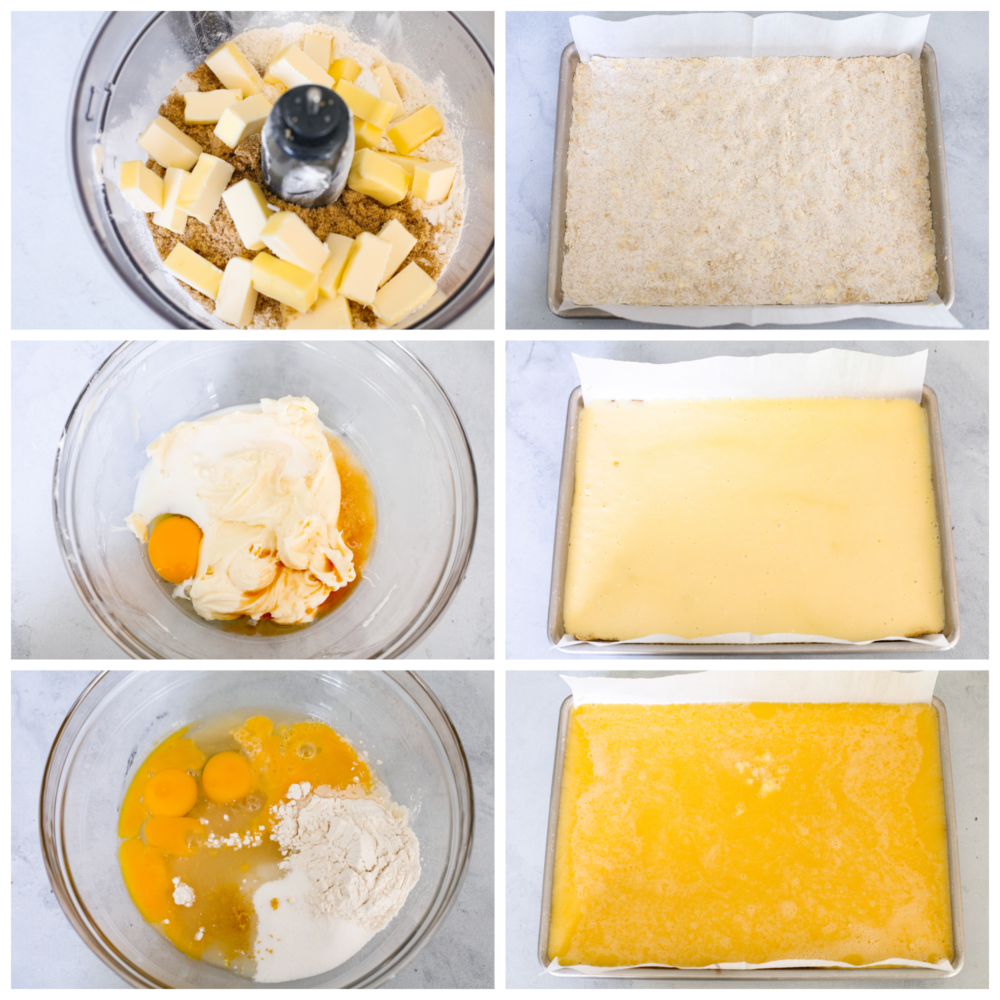 6 process pictures showing how to make the crust, the cheesecake layer and the lemon layer. 