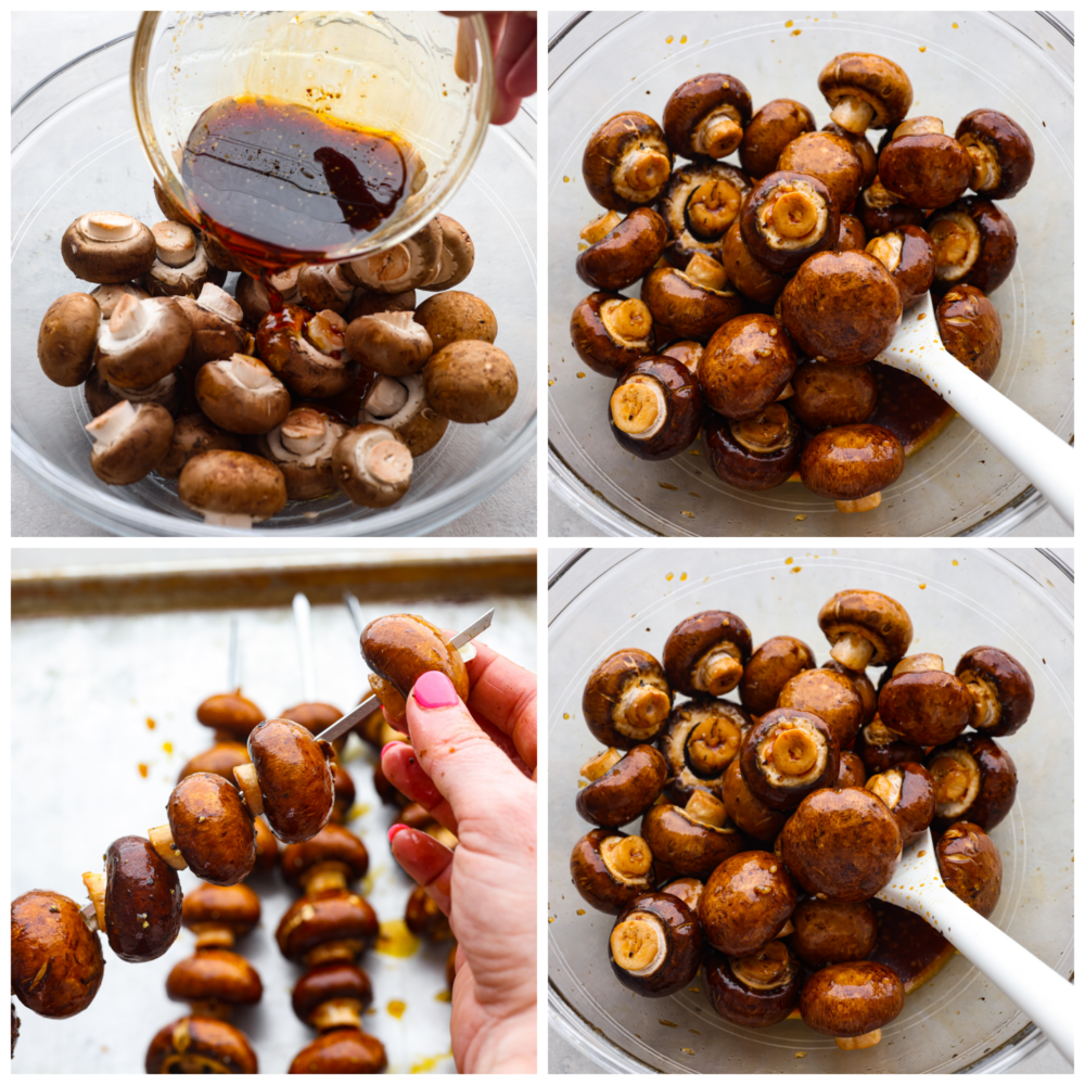 4 pictures showing how to marinate mushrooms, add them to a skewers and prepare them to be cooked. 