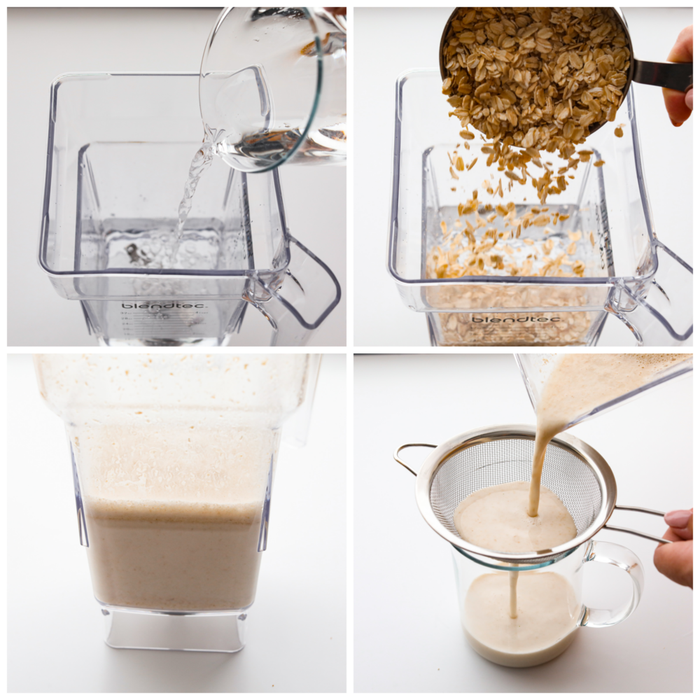 4-photo collage of oats being blended and strained.