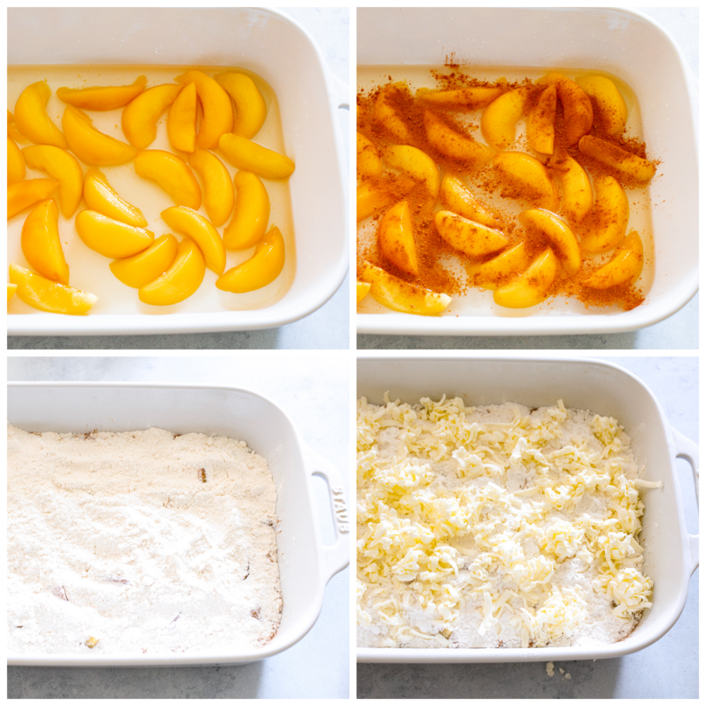 4-photo collage of cake ingredients being layered in a casserole dish.