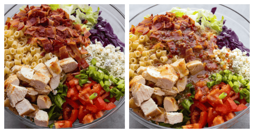 2 pictures showing how to assemble this Portillo's chopped salad and add in the dressing. 