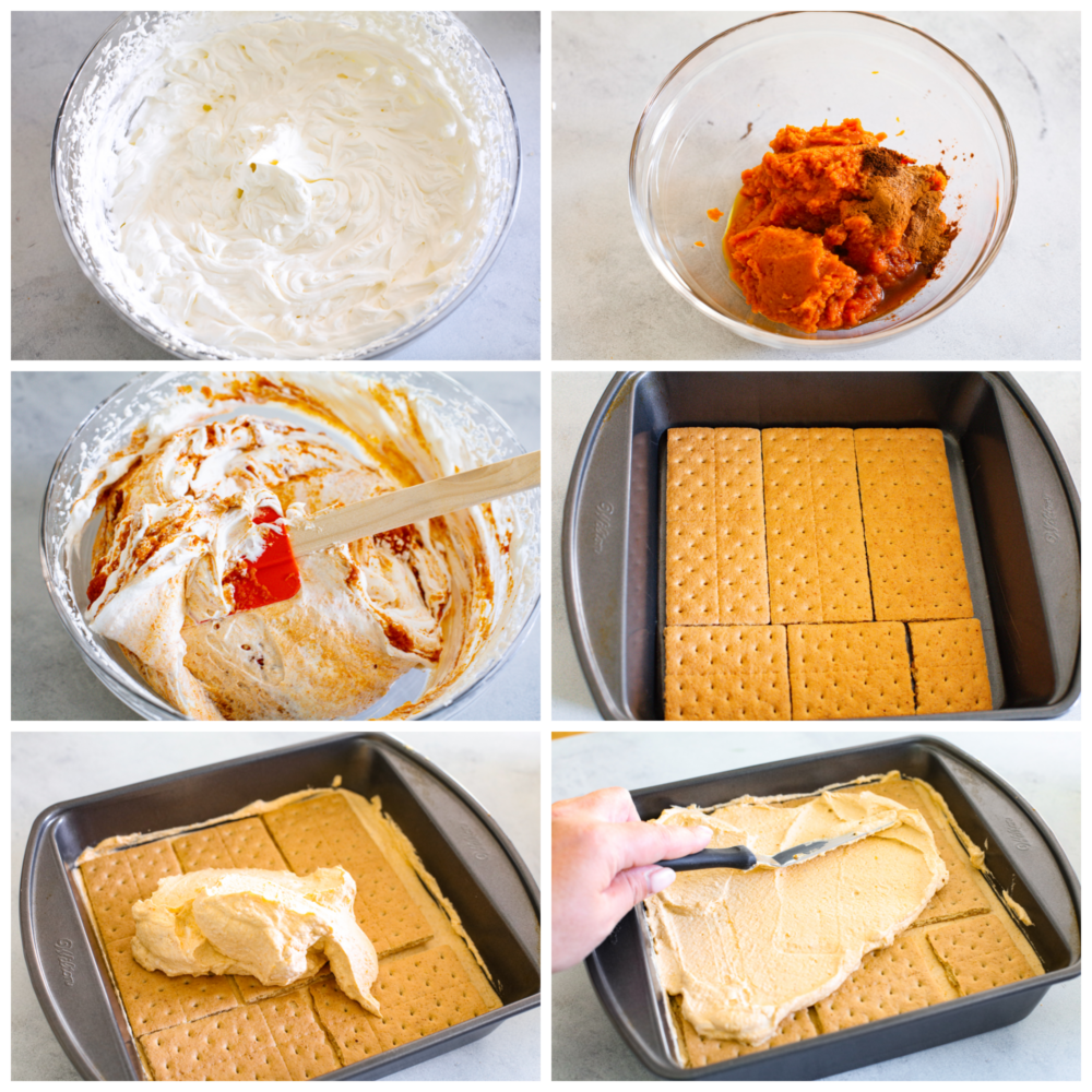 6 pictures of process shot on how to make pumpkin icebox cakes. 