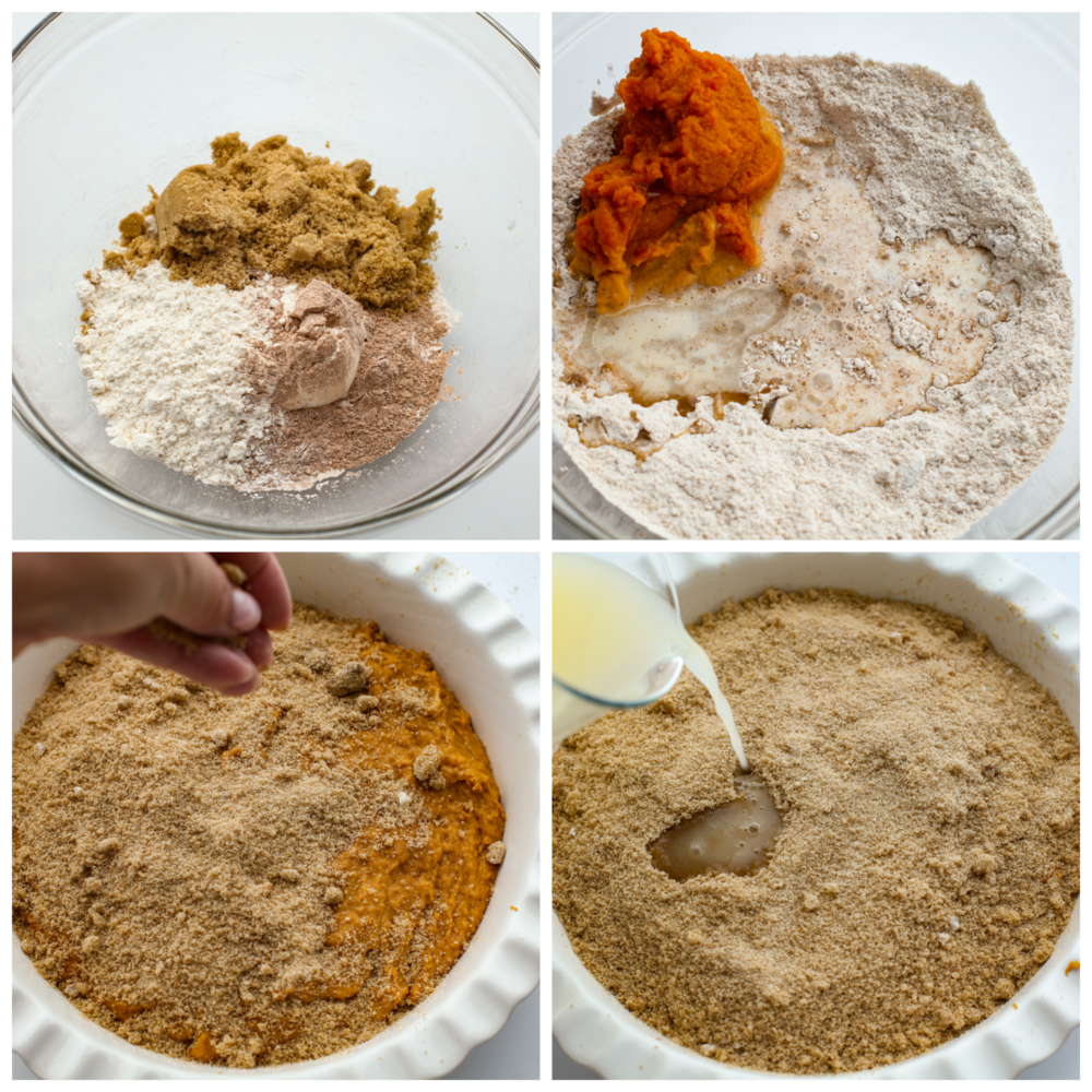 Collage di 4 foto dell'impasto della torta in preparazione.