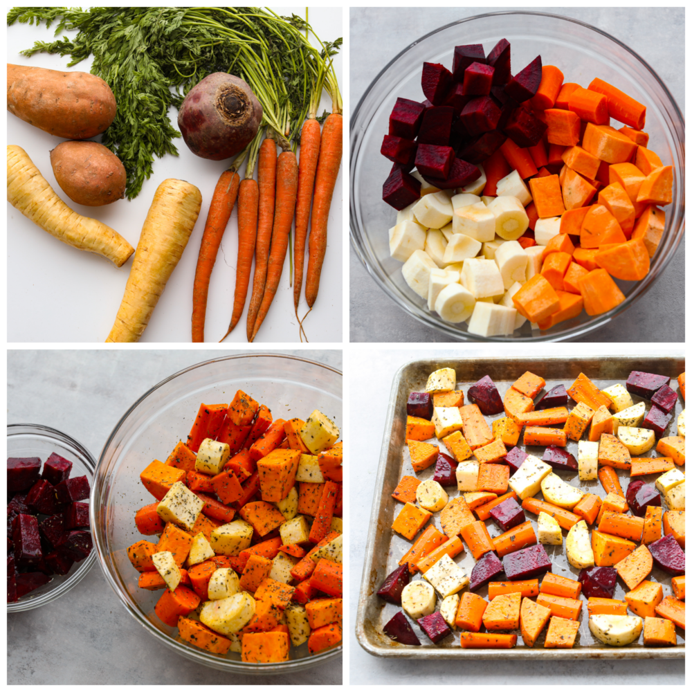4 afbeeldingen die laten zien hoe je wortelgroenten snijdt, bestrijk ze met kruiden en leg ze op een bakplaat om te roosteren. 