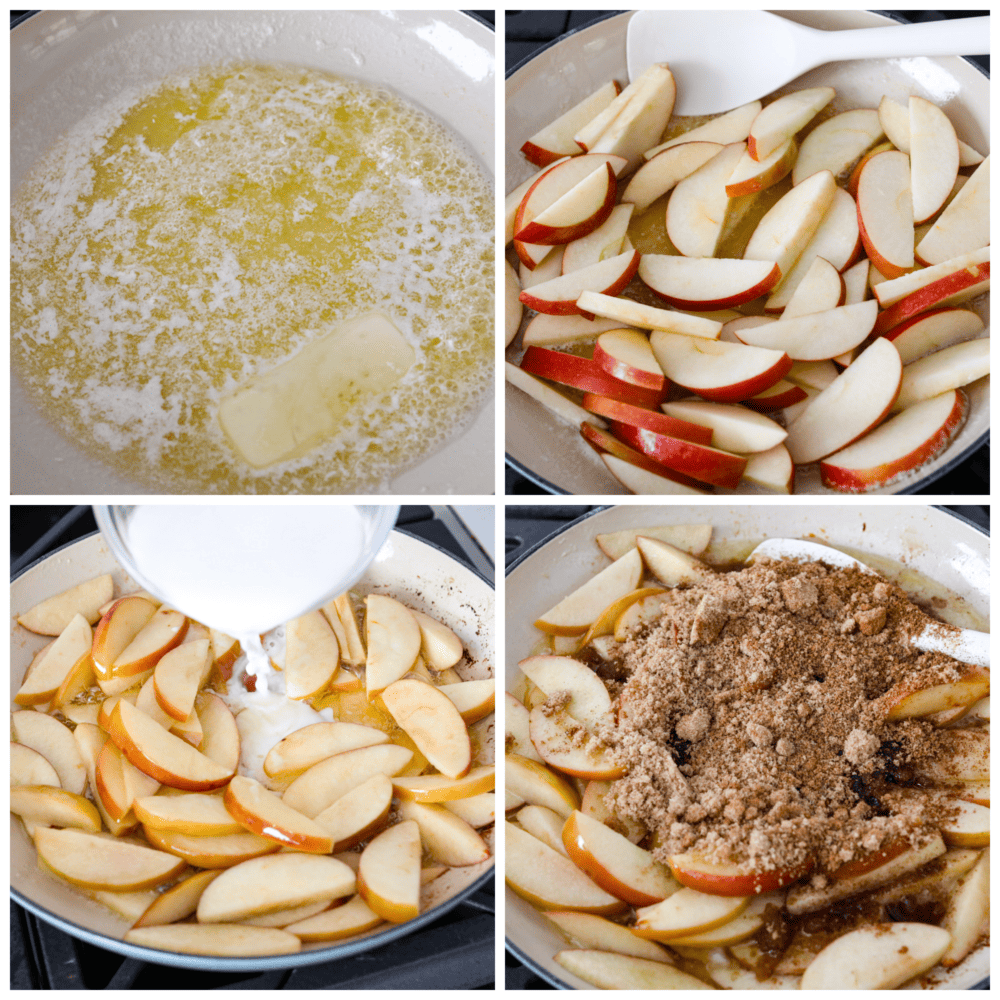 4 foto's die laten zien hoe je appels bakt en de ingrediënten toevoegt om een ​​saus te maken. 
