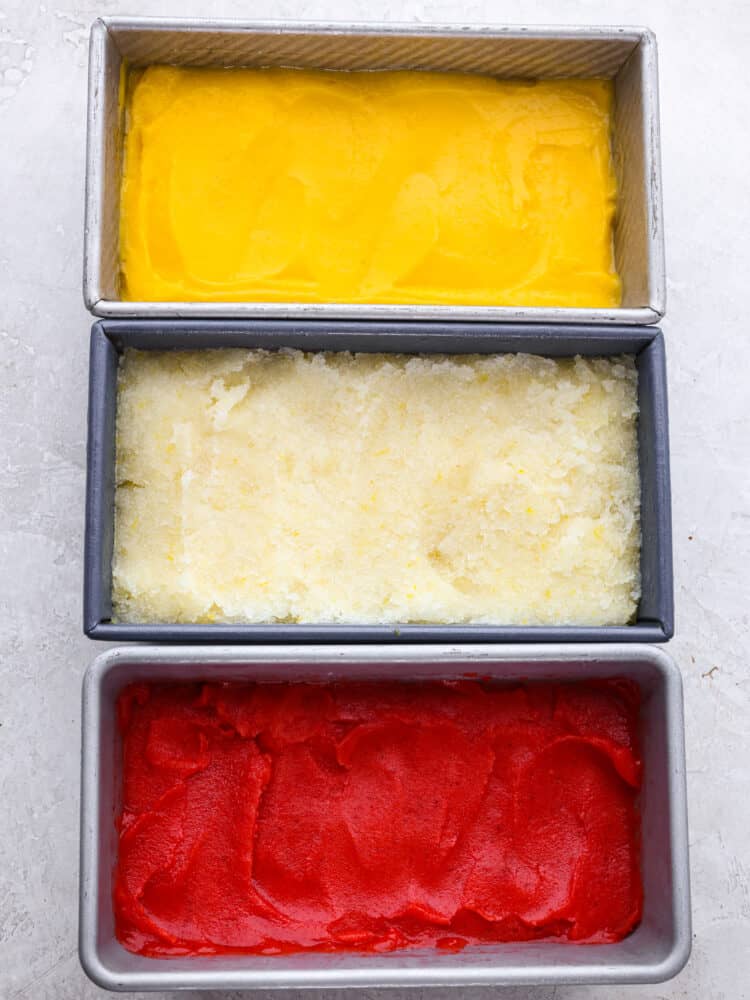 3 different flavors of homemade sorbet frozen in bread tins. 