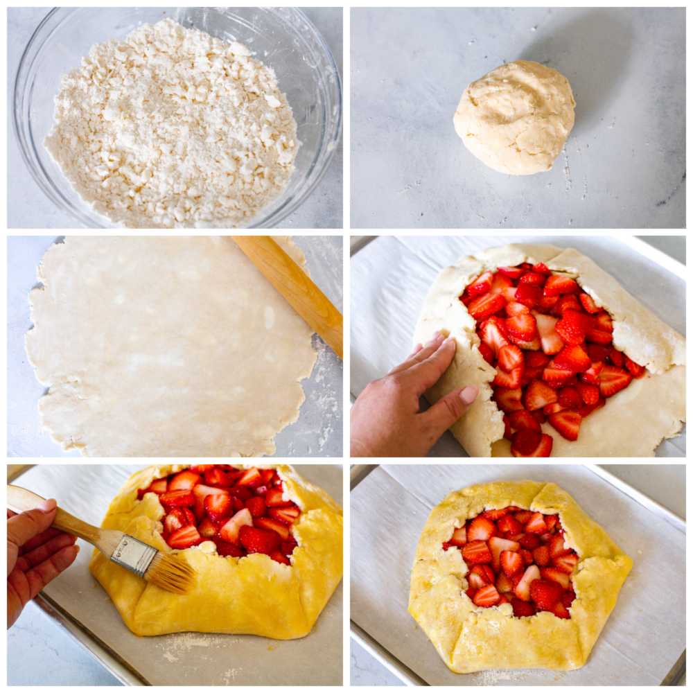 6 photos showing how to make a strawberry galette. First photo of dough mixed in a glass bowl.  Second photo of dough formed into a ball.  Third photo of dough rolled out with a rolling pin.  Fourth photo of strawberries added and crust being wrapped up around the berries.  Fifth photo of the egg wash being brushed on the crust.  sixth photo of finished assembled galette ready to go into the oven on a baking sheet.