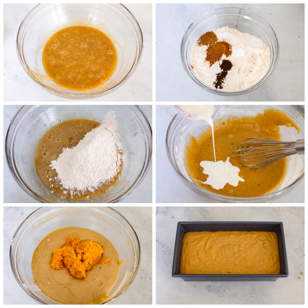 6-photo collage of bread dough ingredients being mixed together and then added to a pan, ready to bake.