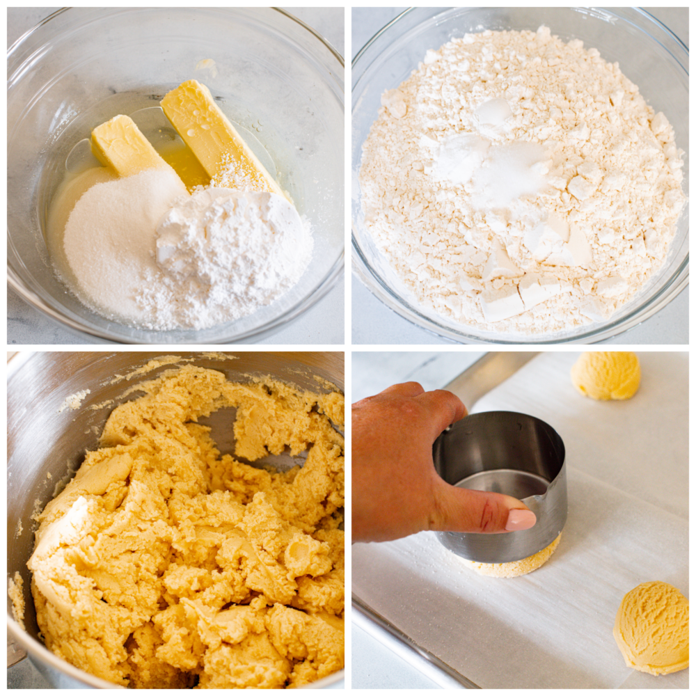 4 pictures showing how to make sugar cookie dough. 