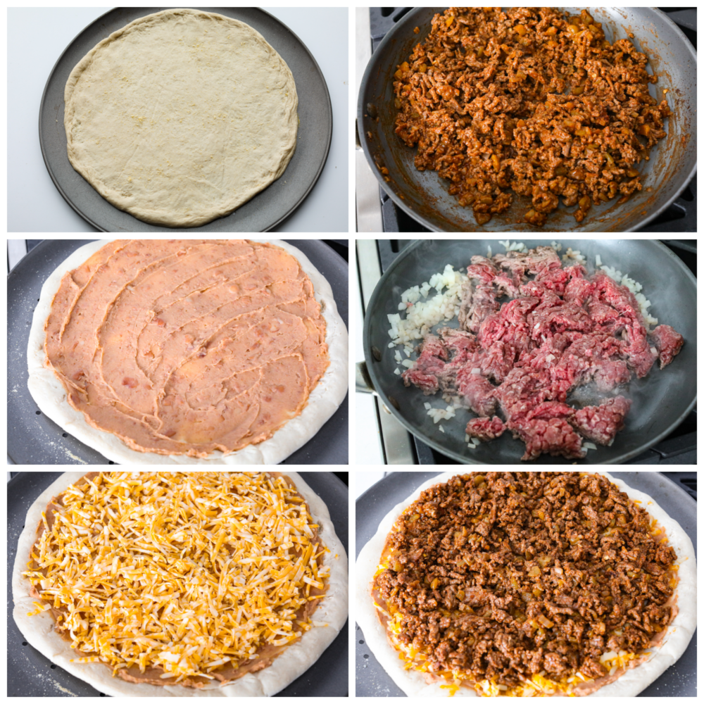 Collage di 6 foto di condimenti per taco aggiunti all'impasto della pizza.