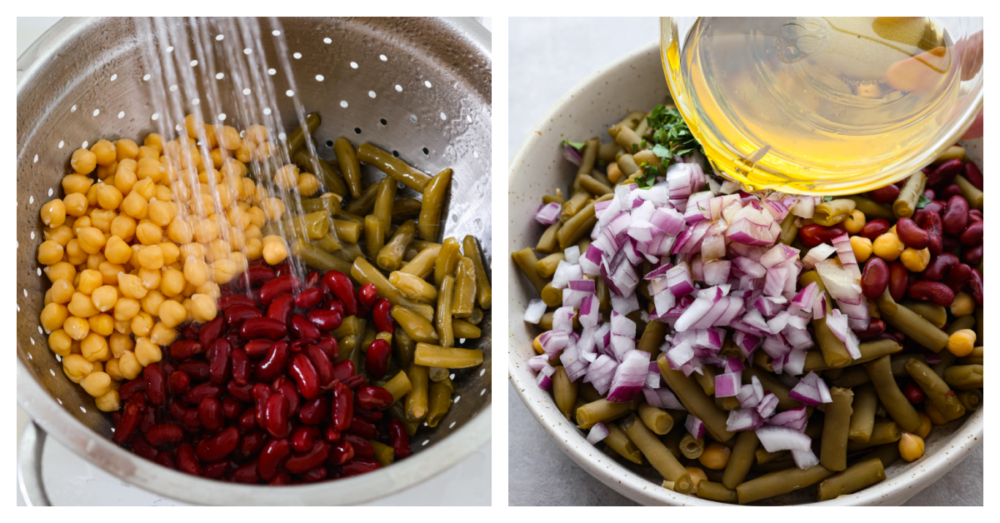 Collage of 2 photos of salad being prepared.