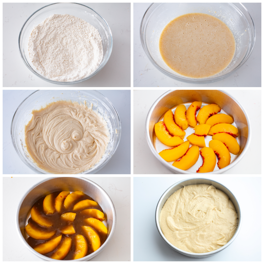 6 pictures showing how to make the caramel base, add the peaches and then top it with the cake batter. 