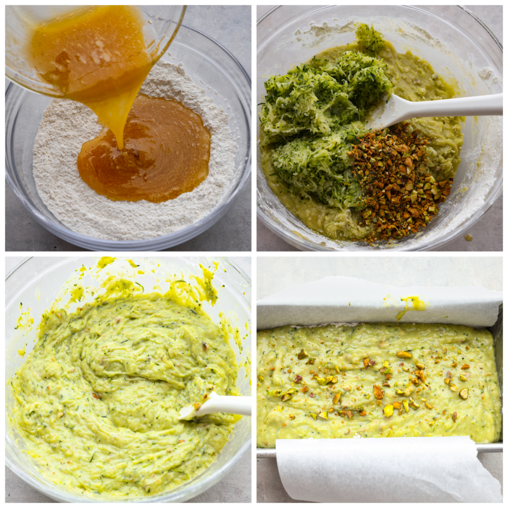 4 pictures showing how to make the batter, mix it together and add it to a loaf pan. 