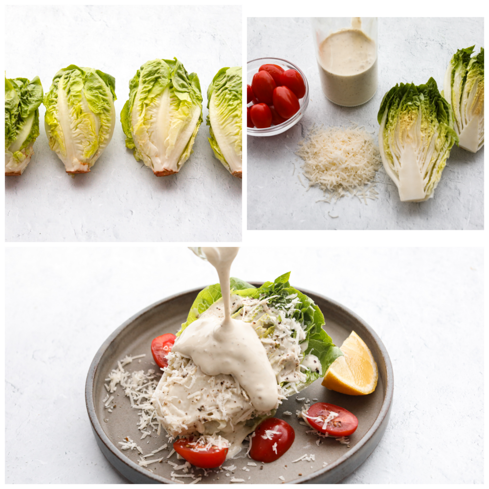 2 imágenes que muestran los ingredientes de la ensalada y, por lo tanto, una imagen de la ensalada en cuña en un plato con el aderezo que se vierte encima. 