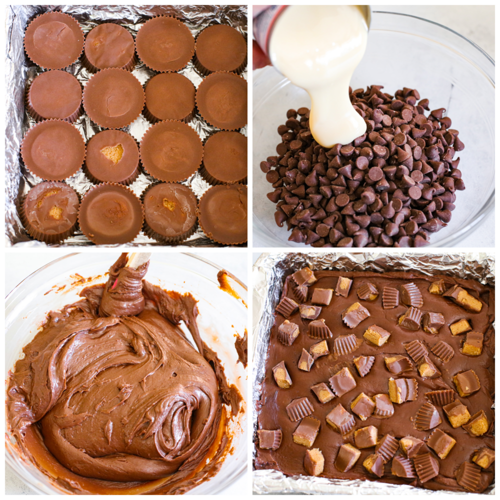4-photo collage of peanut butter cups being added to a pan and topped with melted chocolate.