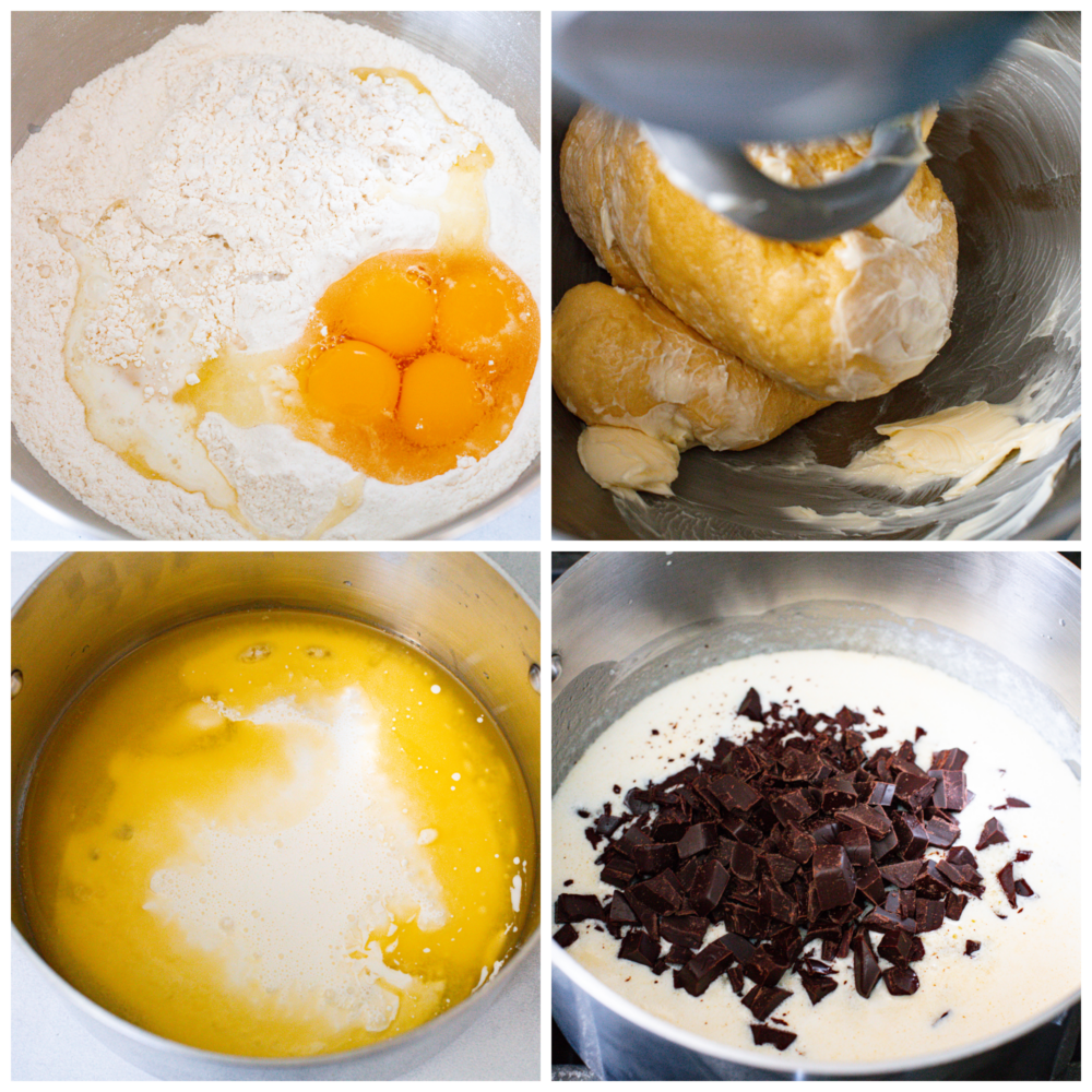 4-photo collage of bread dough and chocolate filling being prepared.
