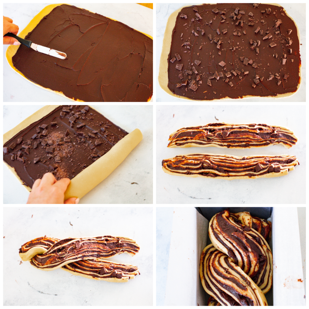 6-photo collage of chocolate filling being added to bread dough, then braided into a babka shape.