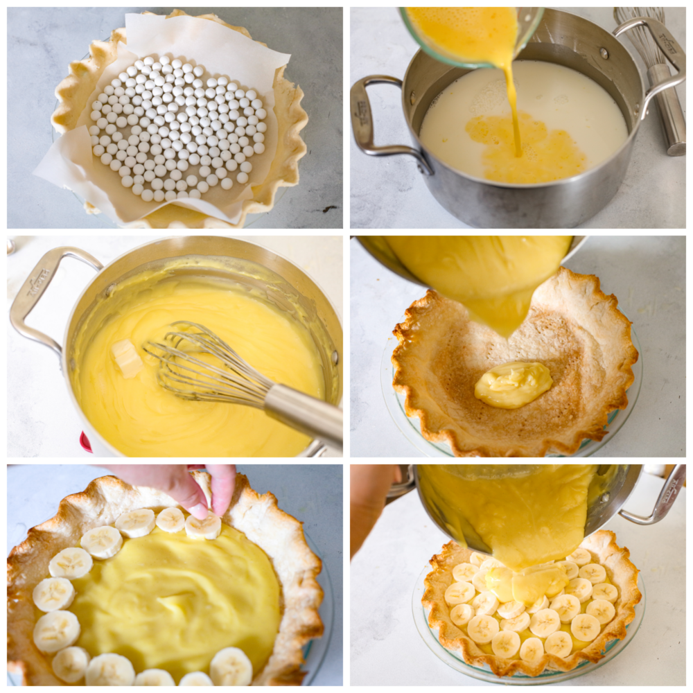 Collage de 6 fotos de la corteza precocinada y el relleno del pastel preparado.