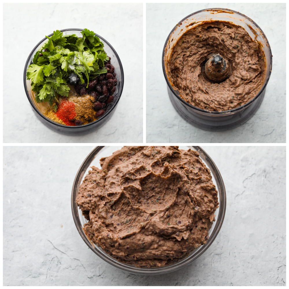Three process shots of making black bean hummus.  First photo is all of the ingredients inside a food processor.  Second photo is the hummus blended.  Third photo is the hummus place inside a clear bowl.